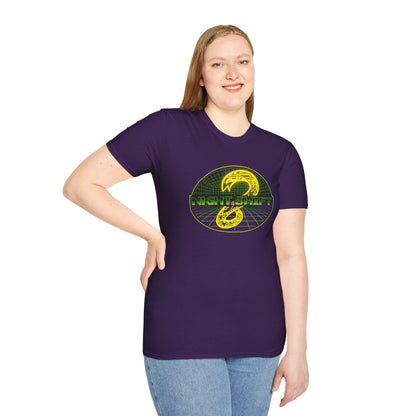 Retro Sci‑Fi Night Shift T-Shirt — Neon Snake Grid Graphic