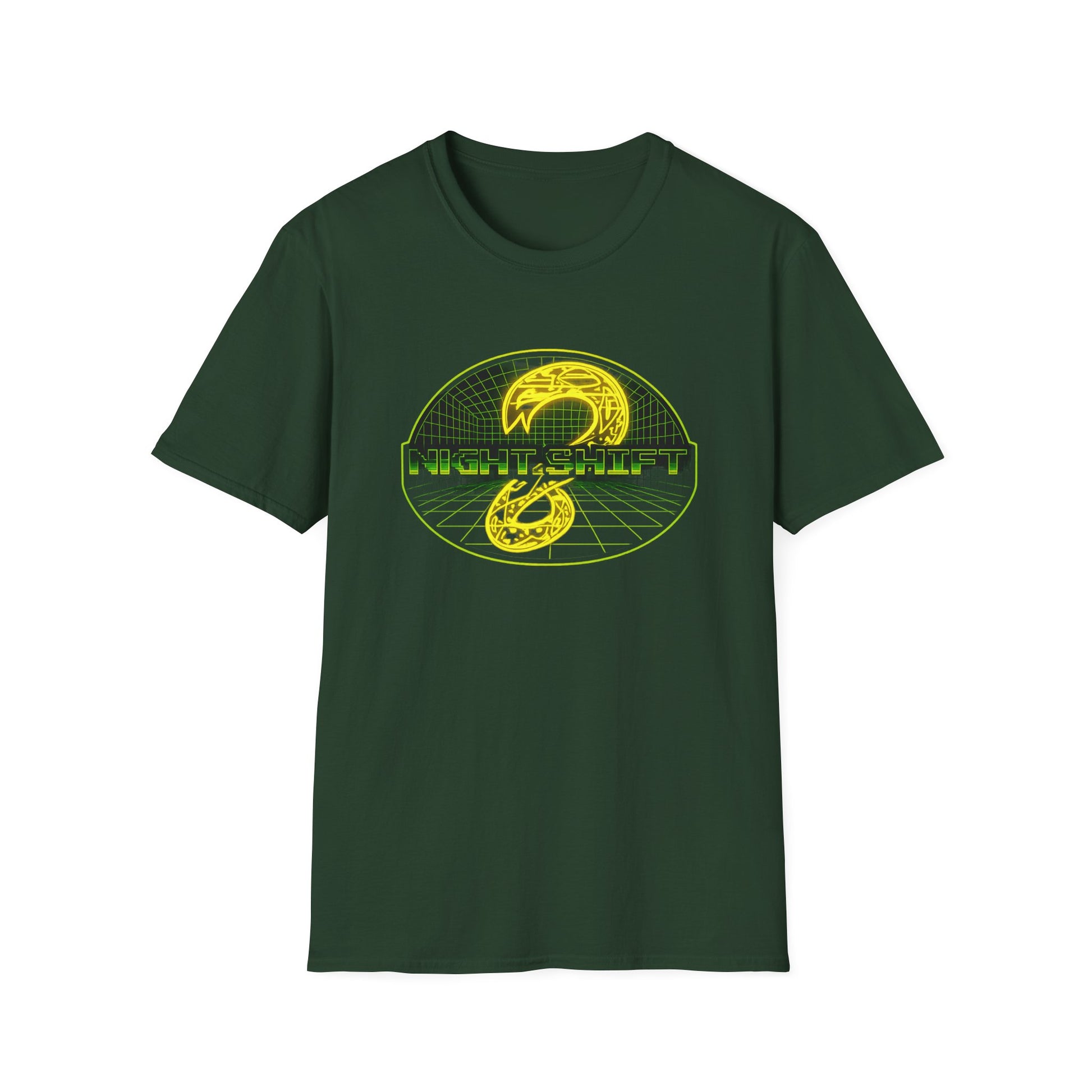 Retro Sci‑Fi Night Shift T-Shirt — Neon Snake Grid Graphic image 14