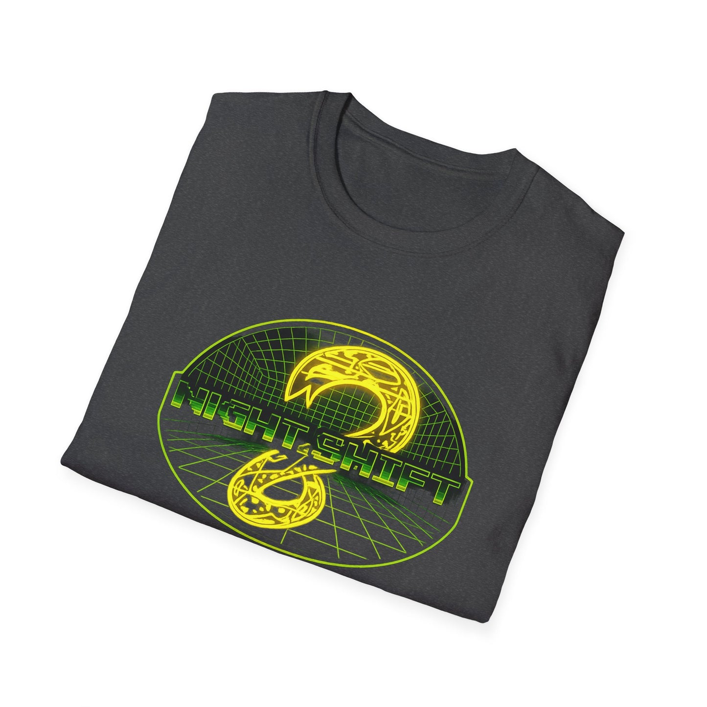Retro Sci‑Fi Night Shift T-Shirt — Neon Snake Grid Graphic