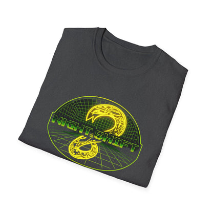 Retro Sci‑Fi Night Shift T-Shirt — Neon Snake Grid Graphic