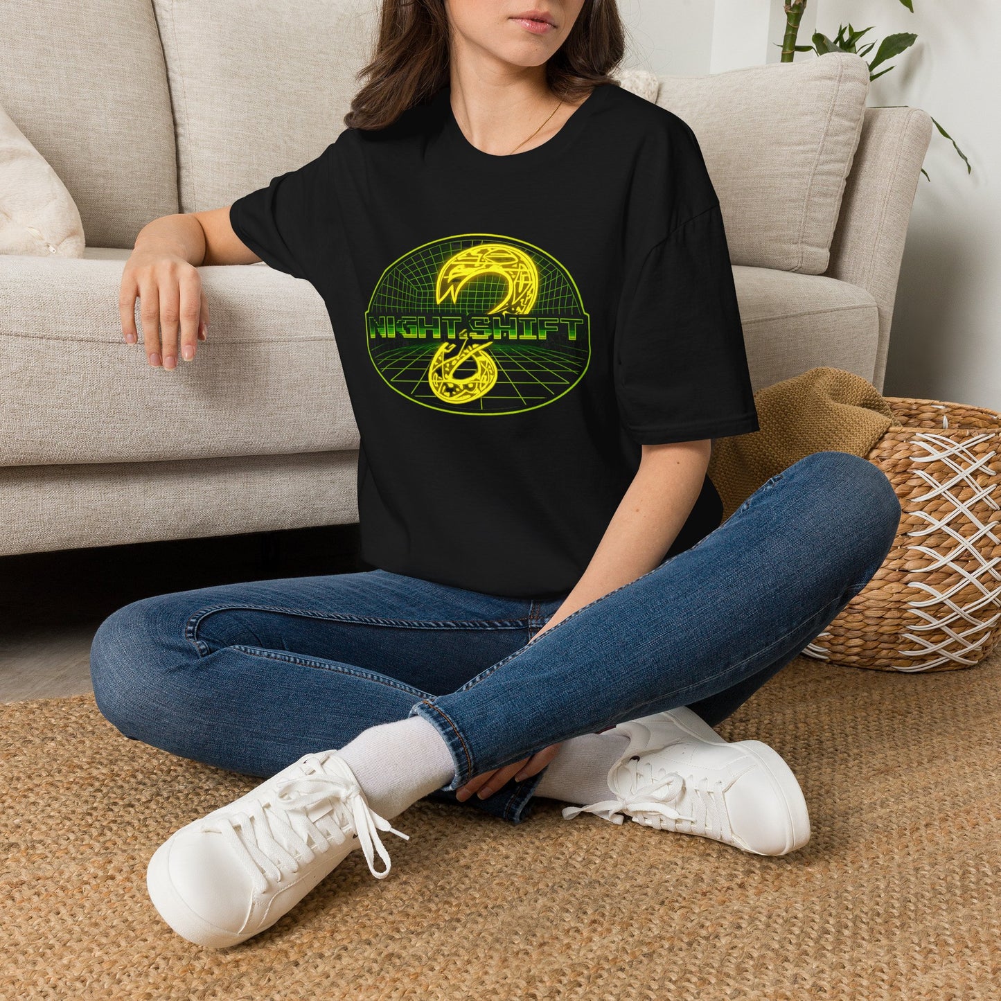 Retro Sci‑Fi Night Shift T-Shirt — Neon Snake Grid Graphic