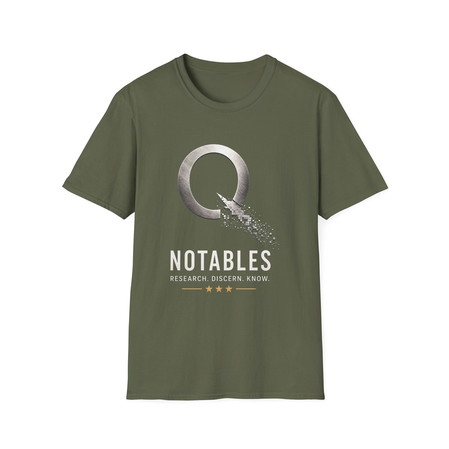 QNotables Metallic Shirt – Research Discern Know Graphic Tee – Digital Dissolve Logo T-Shirt – Truth Seeker Apparel