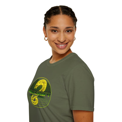 Retro Sci‑Fi Night Shift T-Shirt — Neon Snake Grid Graphic