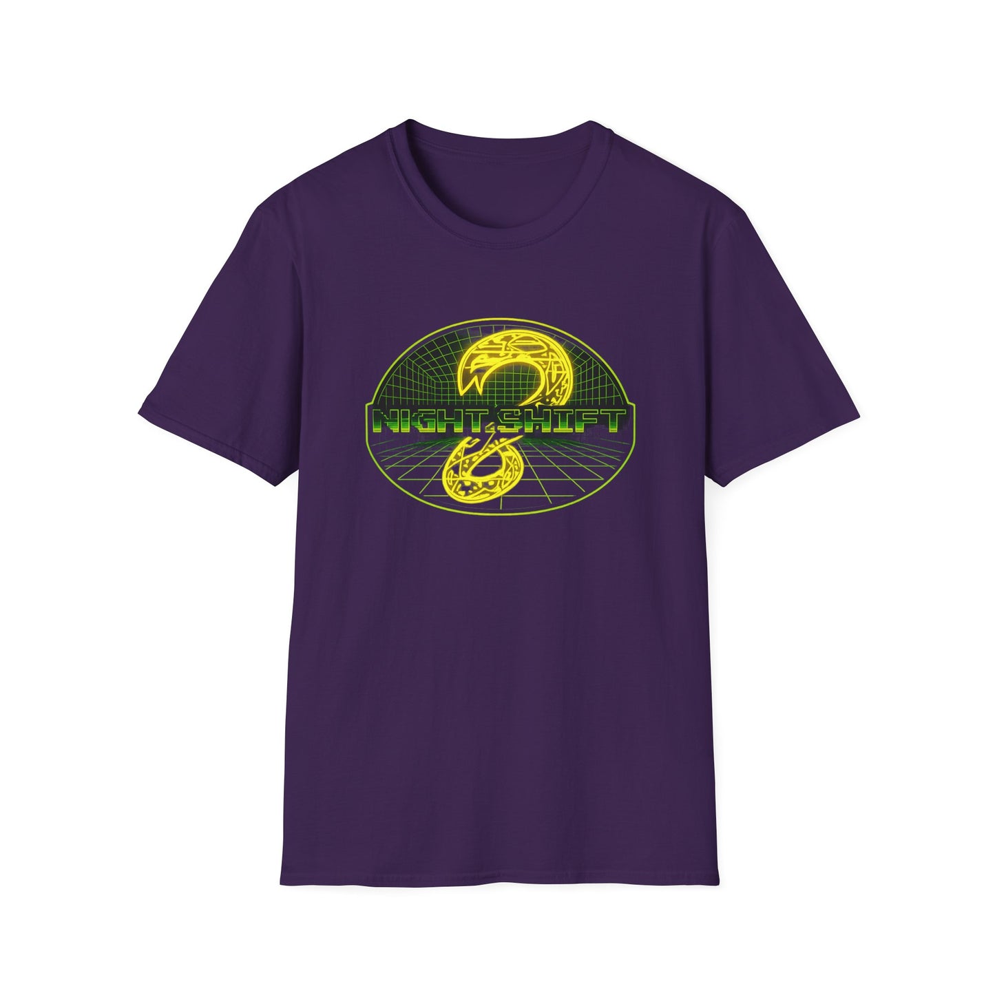 Retro Sci‑Fi Night Shift T-Shirt — Neon Snake Grid Graphic