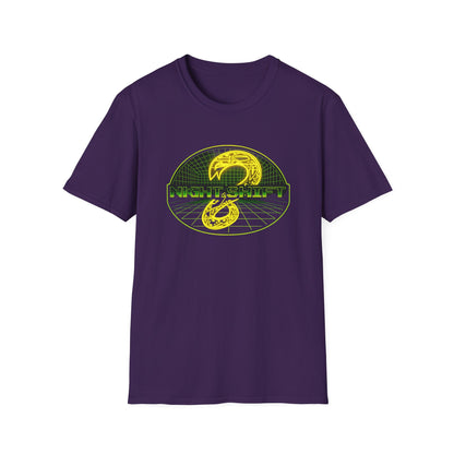 Retro Sci‑Fi Night Shift T-Shirt — Neon Snake Grid Graphic