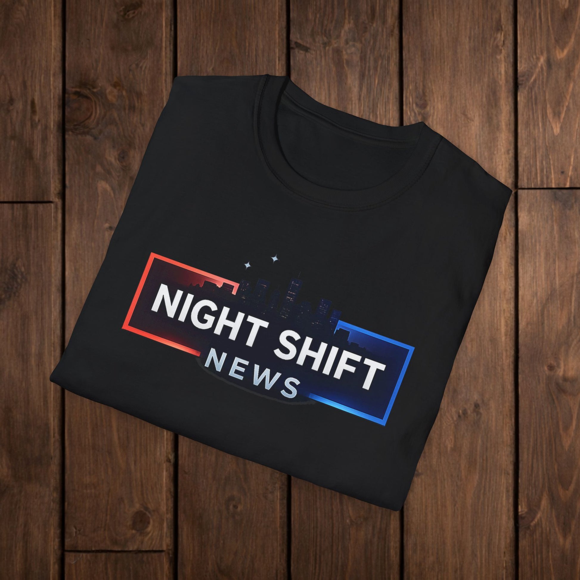 Night Shift News T-Shirt — Skyline Logo Tee for Late Shift Workers image 2