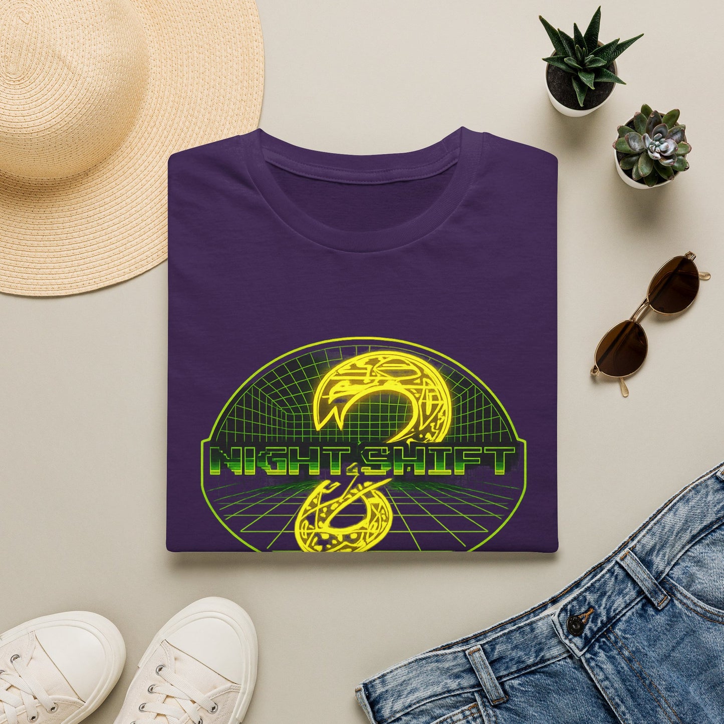 Retro Sci‑Fi Night Shift T-Shirt — Neon Snake Grid Graphic