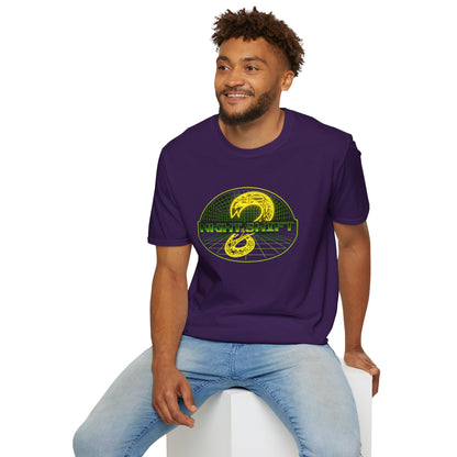 Retro Sci‑Fi Night Shift T-Shirt — Neon Snake Grid Graphic