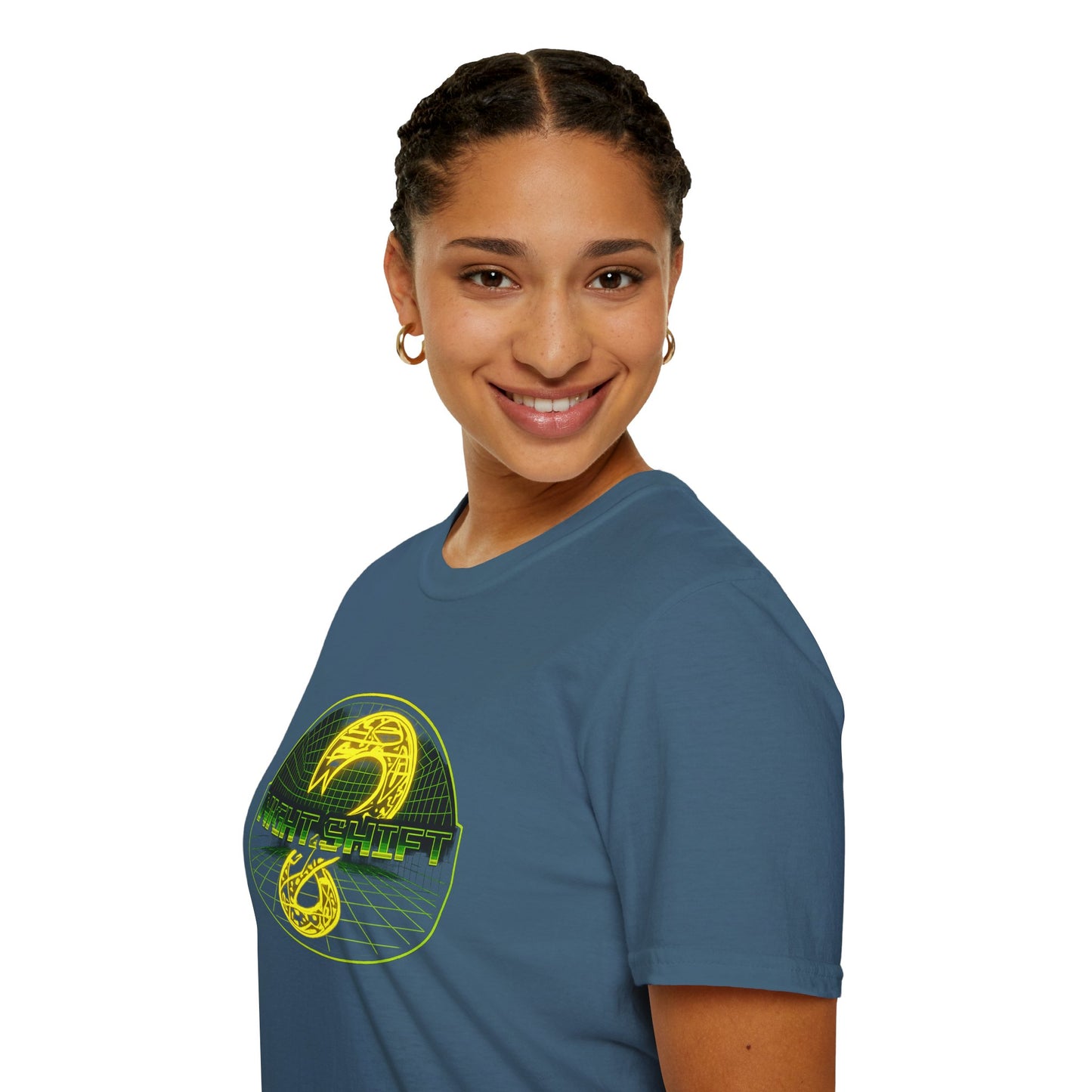 Retro Sci‑Fi Night Shift T-Shirt — Neon Snake Grid Graphic