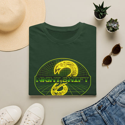 Retro Sci‑Fi Night Shift T-Shirt — Neon Snake Grid Graphic