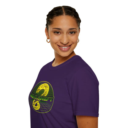 Retro Sci‑Fi Night Shift T-Shirt — Neon Snake Grid Graphic