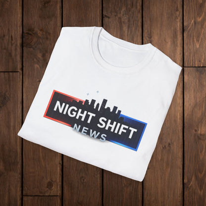 Night Shift News T-Shirt — Skyline Logo Tee for Late Shift Workers image 5
