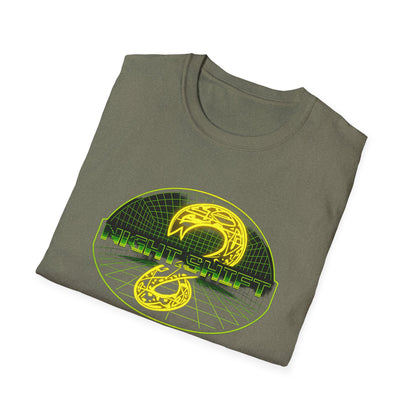 Retro Sci‑Fi Night Shift T-Shirt — Neon Snake Grid Graphic