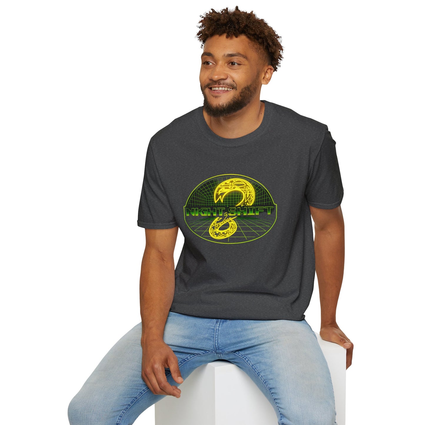 Retro Sci‑Fi Night Shift T-Shirt — Neon Snake Grid Graphic