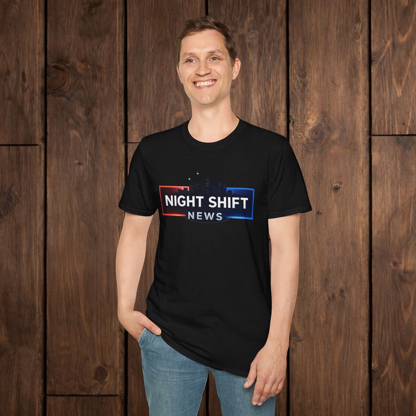 Night Shift News T-Shirt — Skyline Logo Tee for Late Shift Workers image 0