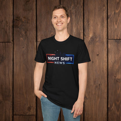 Night Shift News T-Shirt — Skyline Logo Tee for Late Shift Workers image 0