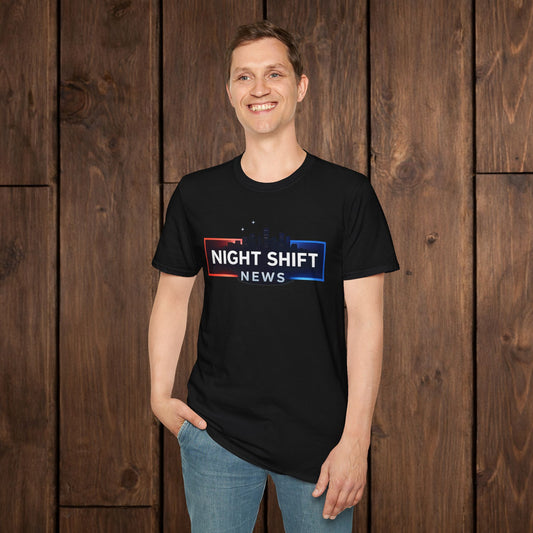 Night Shift News T-Shirt — Skyline Logo Tee for Late Shift Workers image 0