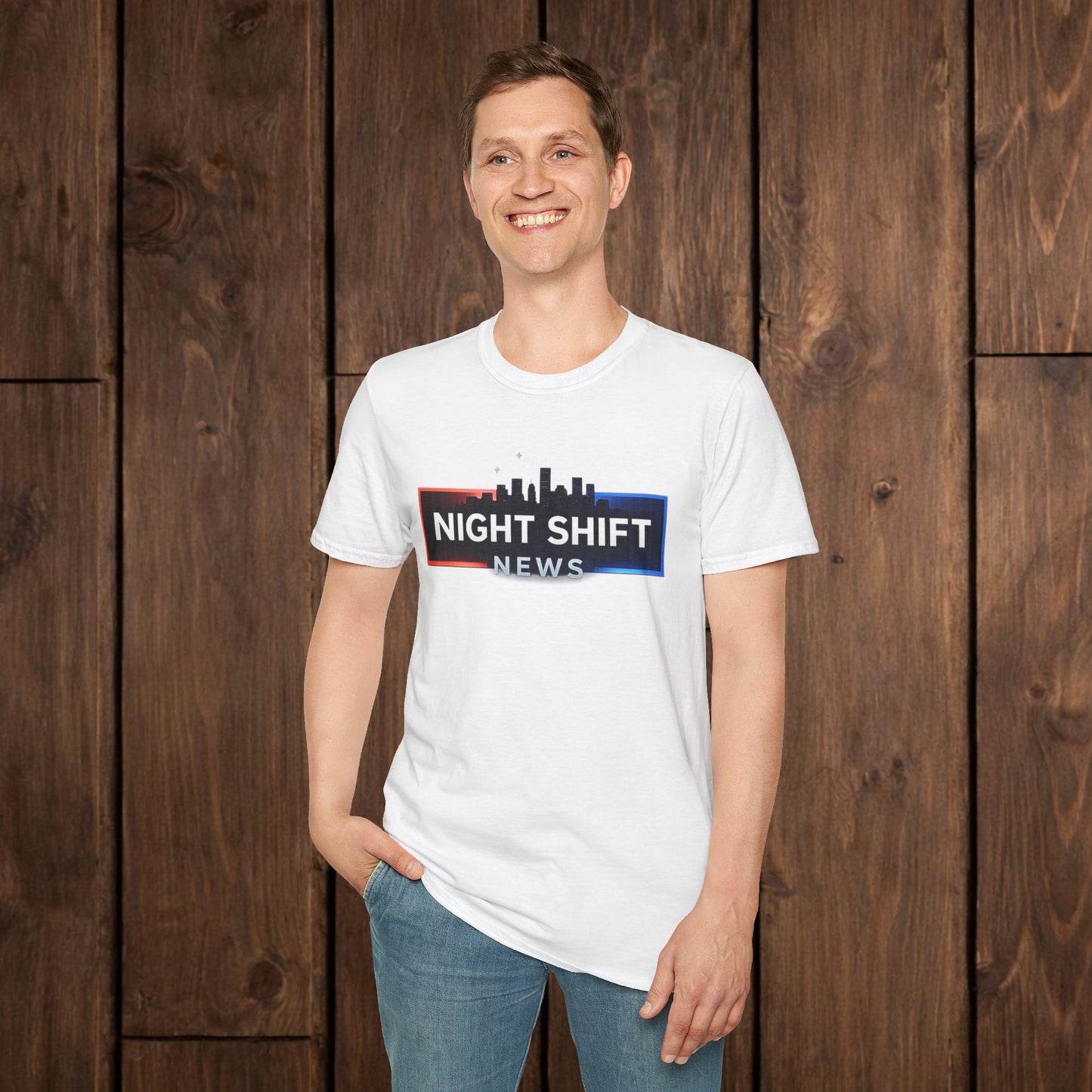 Night Shift News T-Shirt — Skyline Logo Tee for Late Shift Workers image 3
