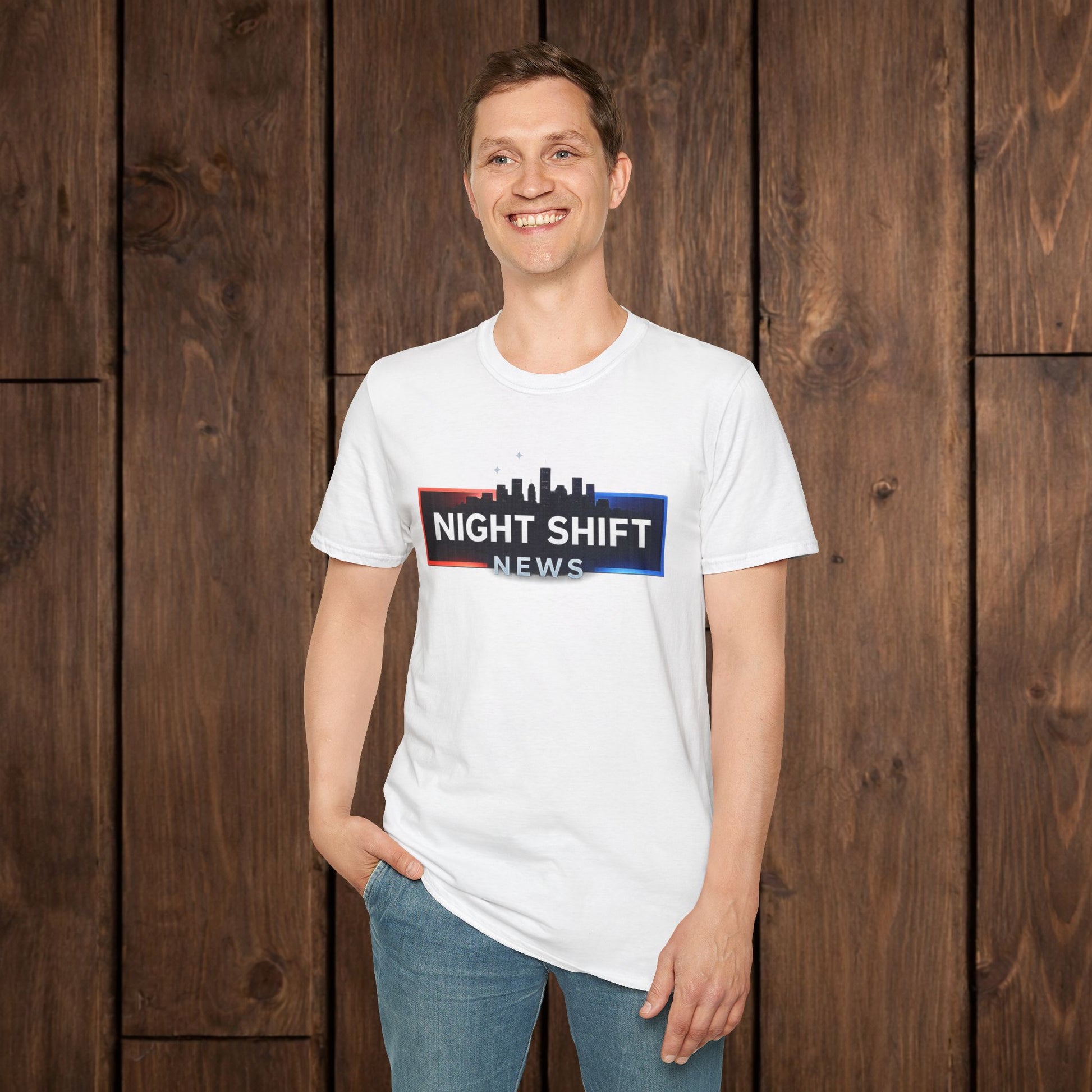 Night Shift News T-Shirt — Skyline Logo Tee for Late Shift Workers image 3