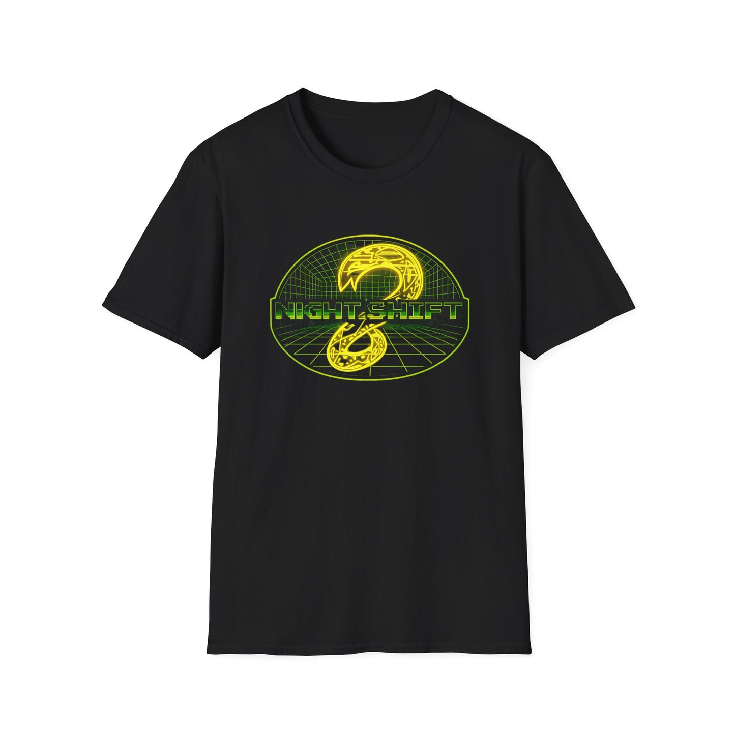 Retro Sci‑Fi Night Shift T-Shirt — Neon Snake Grid Graphic image 2