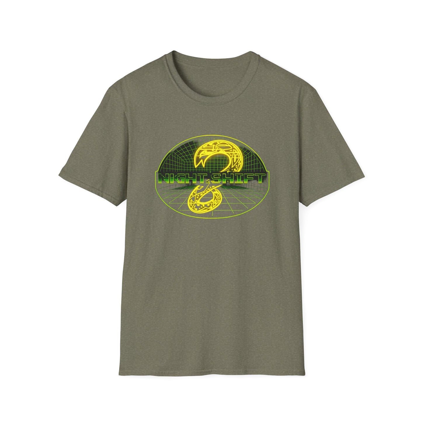 Retro Sci‑Fi Night Shift T-Shirt — Neon Snake Grid Graphic image 6