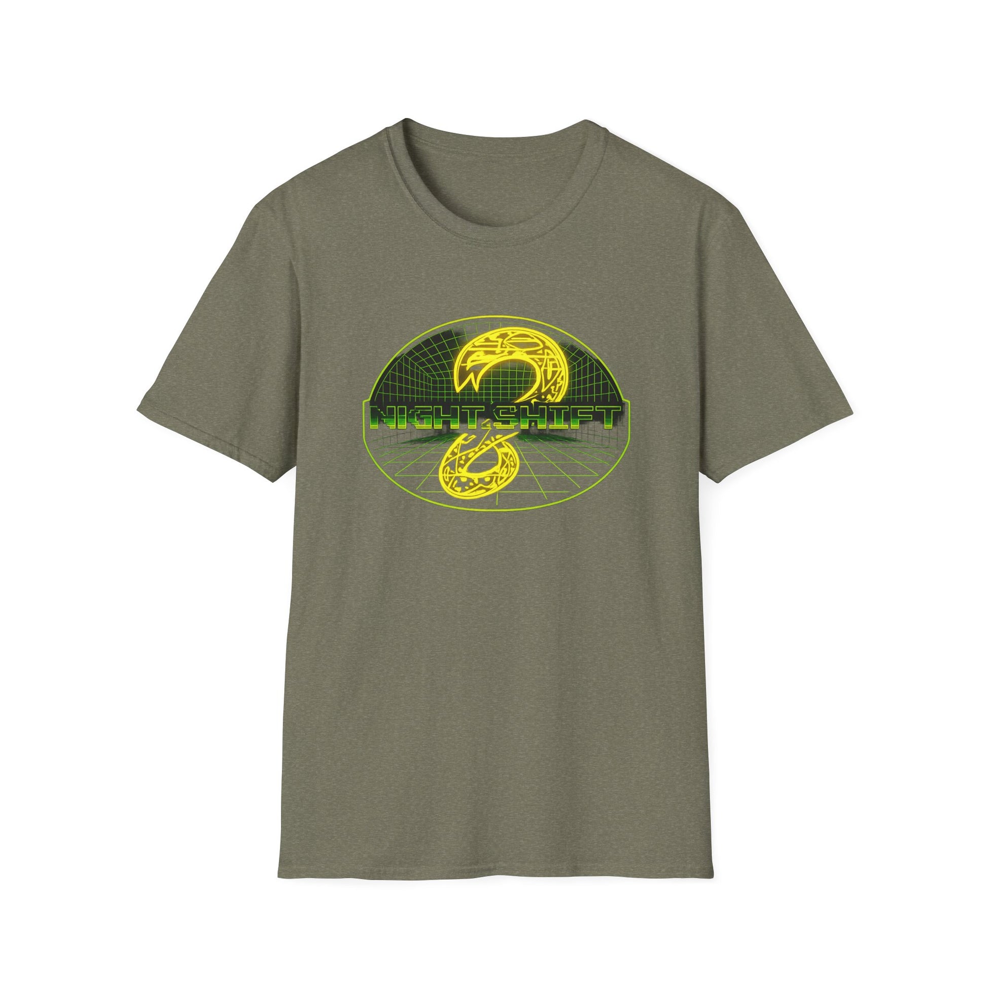 Retro Sci‑Fi Night Shift T-Shirt — Neon Snake Grid Graphic image 6