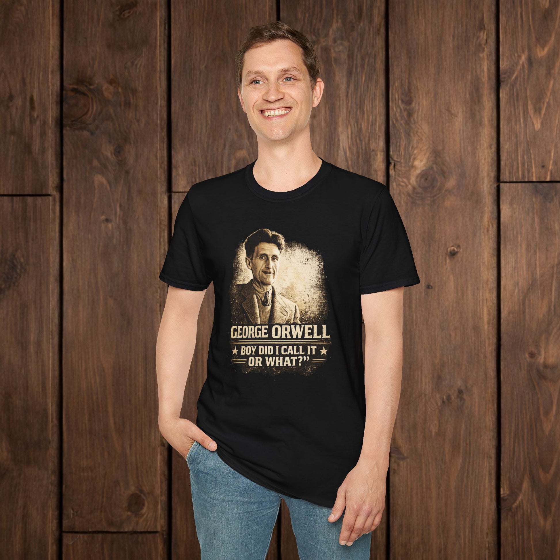 George Orwell Vintage Literary T-Shirt — "Boy Did I Call It Or What?" image 0