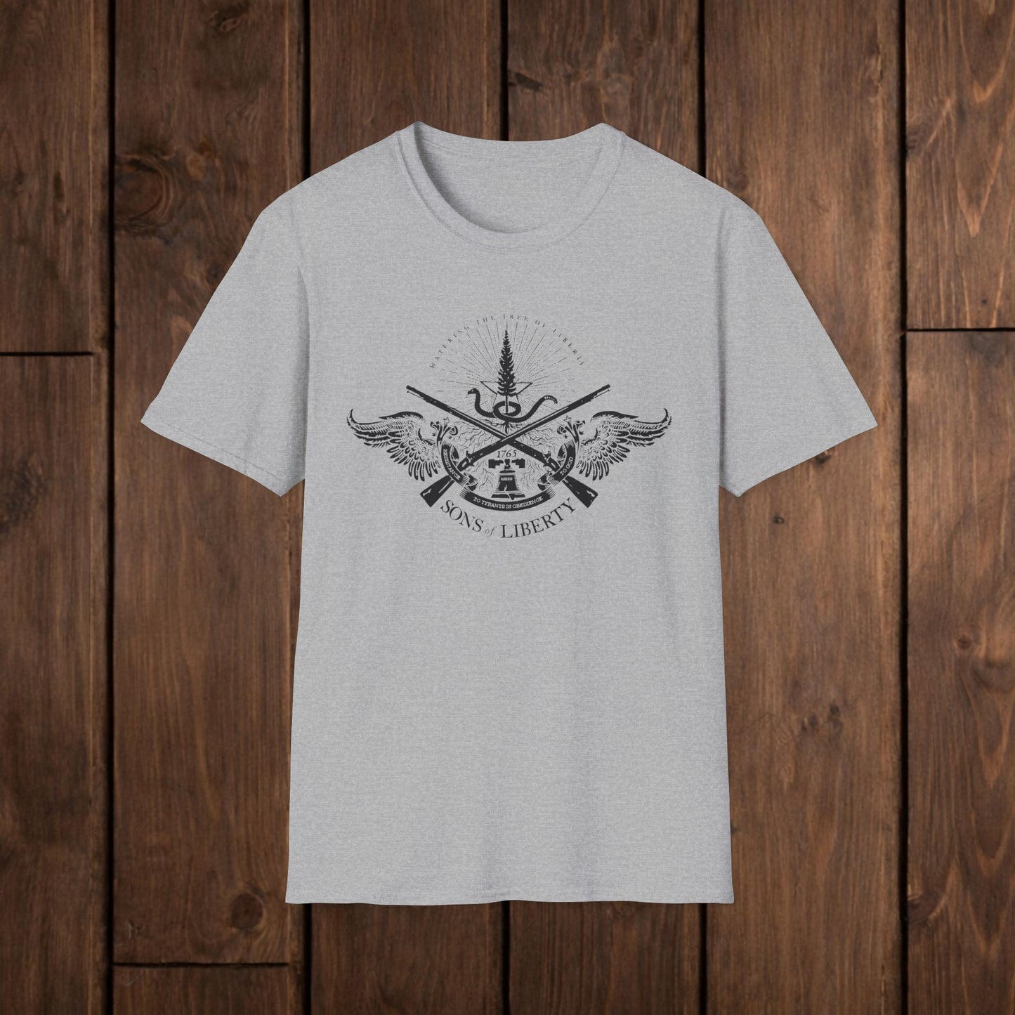Sons of Liberty Rifle Crest T-Shirt — Vintage Historical Emblem image 8
