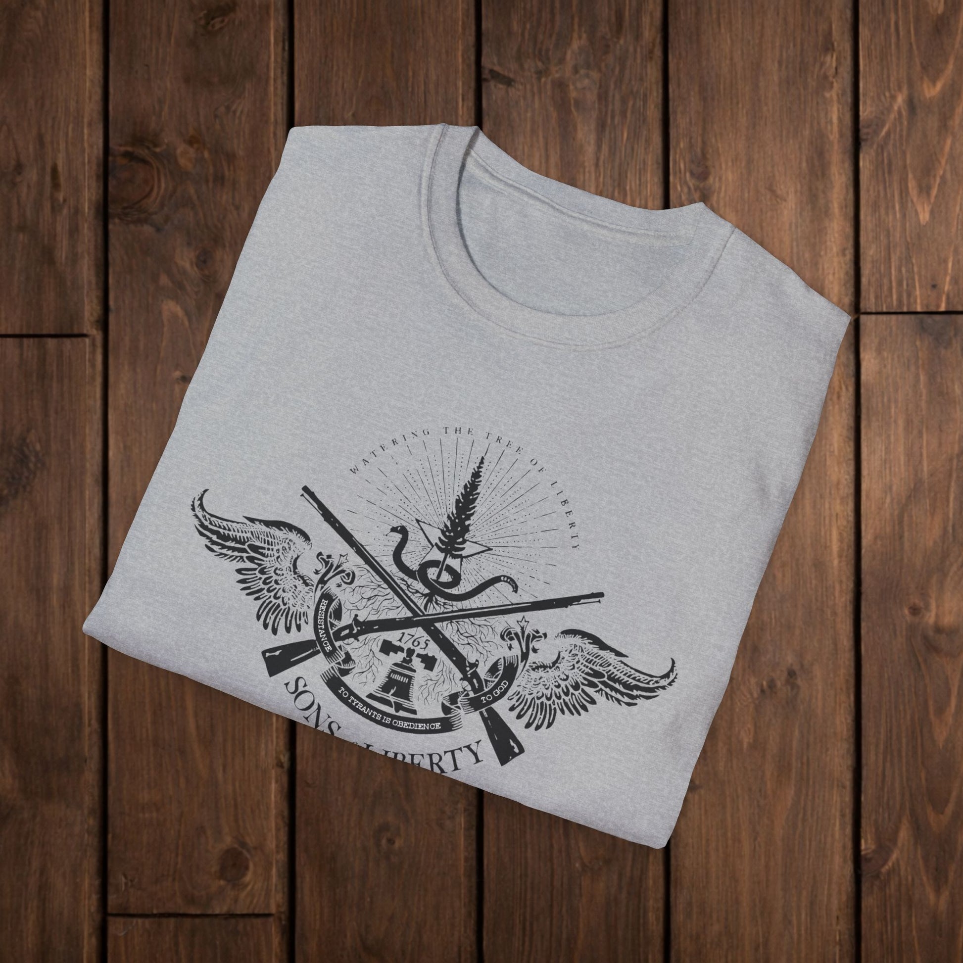 Sons of Liberty Rifle Crest T-Shirt — Vintage Historical Emblem image 11