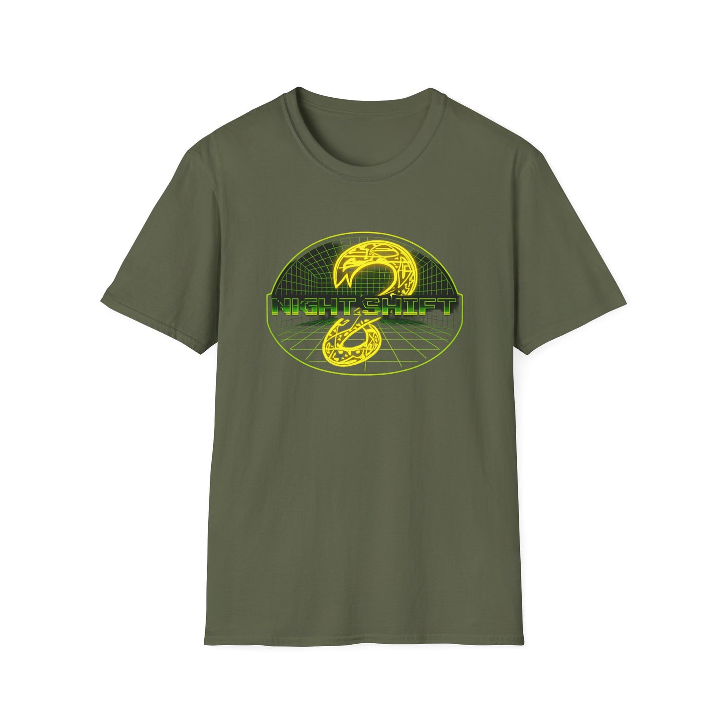 Retro Sci‑Fi Night Shift T-Shirt — Neon Snake Grid Graphic image 10