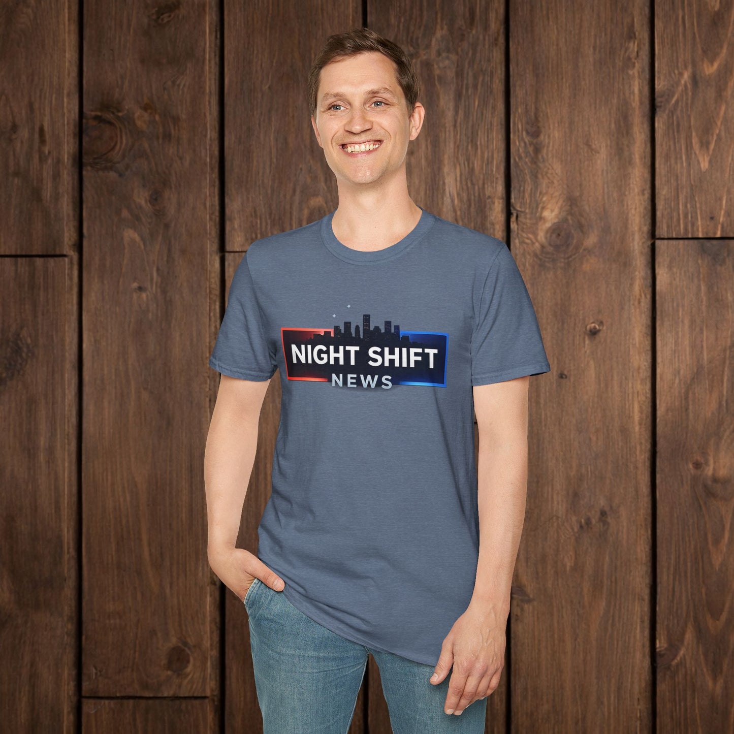 Night Shift News T-Shirt — Skyline Logo Tee for Late Shift Workers image 12