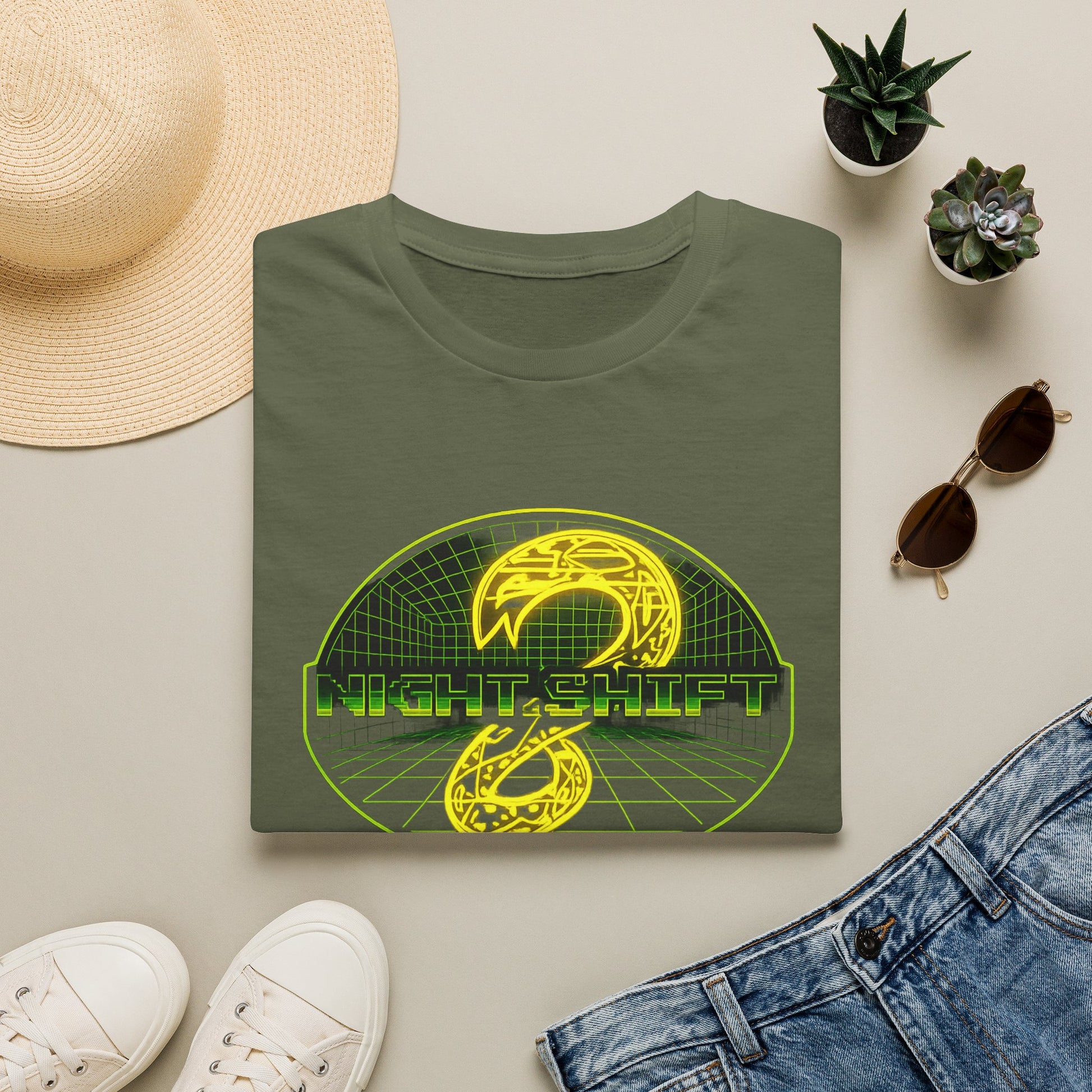 Retro Sci‑Fi Night Shift T-Shirt — Neon Snake Grid Graphic image 8