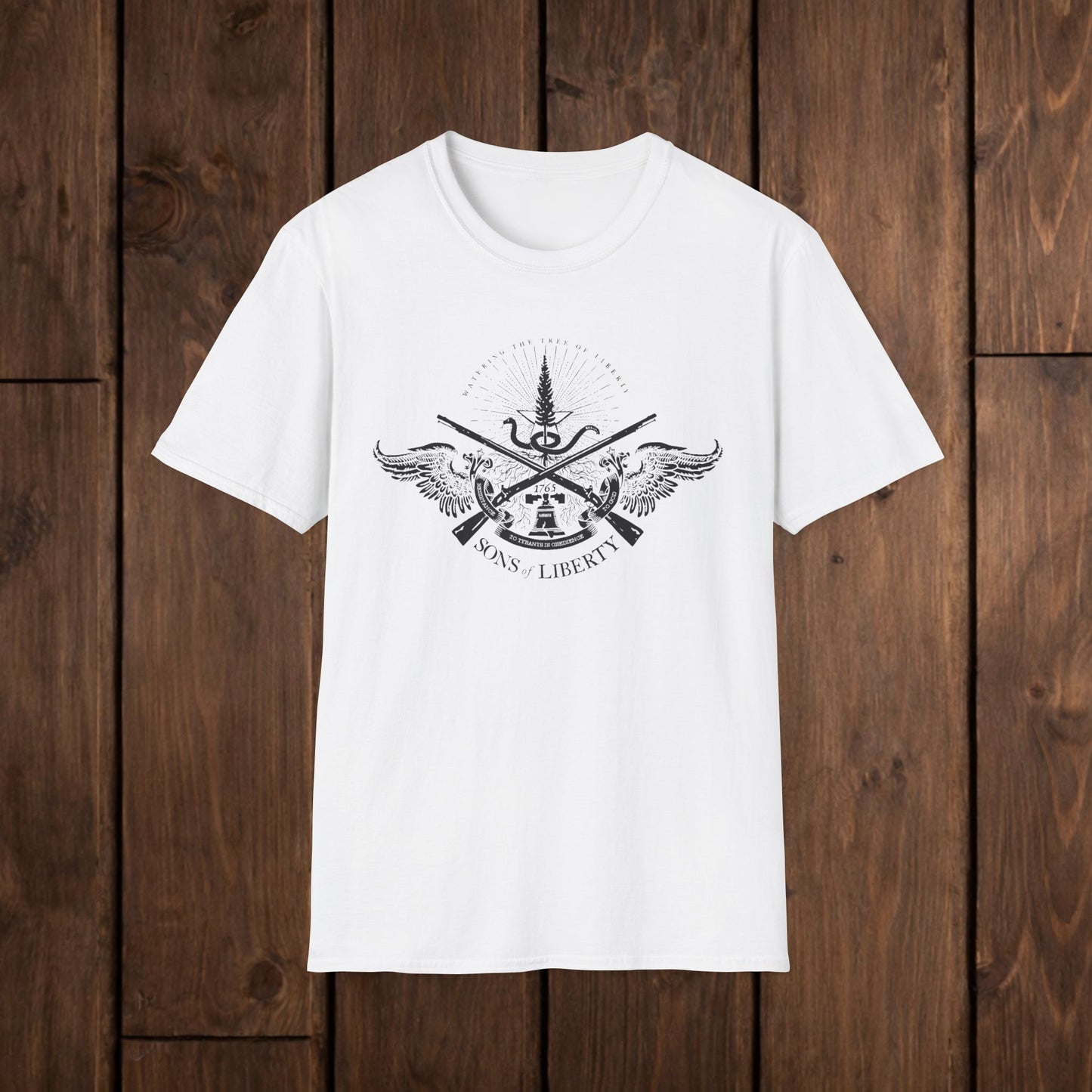 Sons of Liberty Rifle Crest T-Shirt — Vintage Historical Emblem image 0