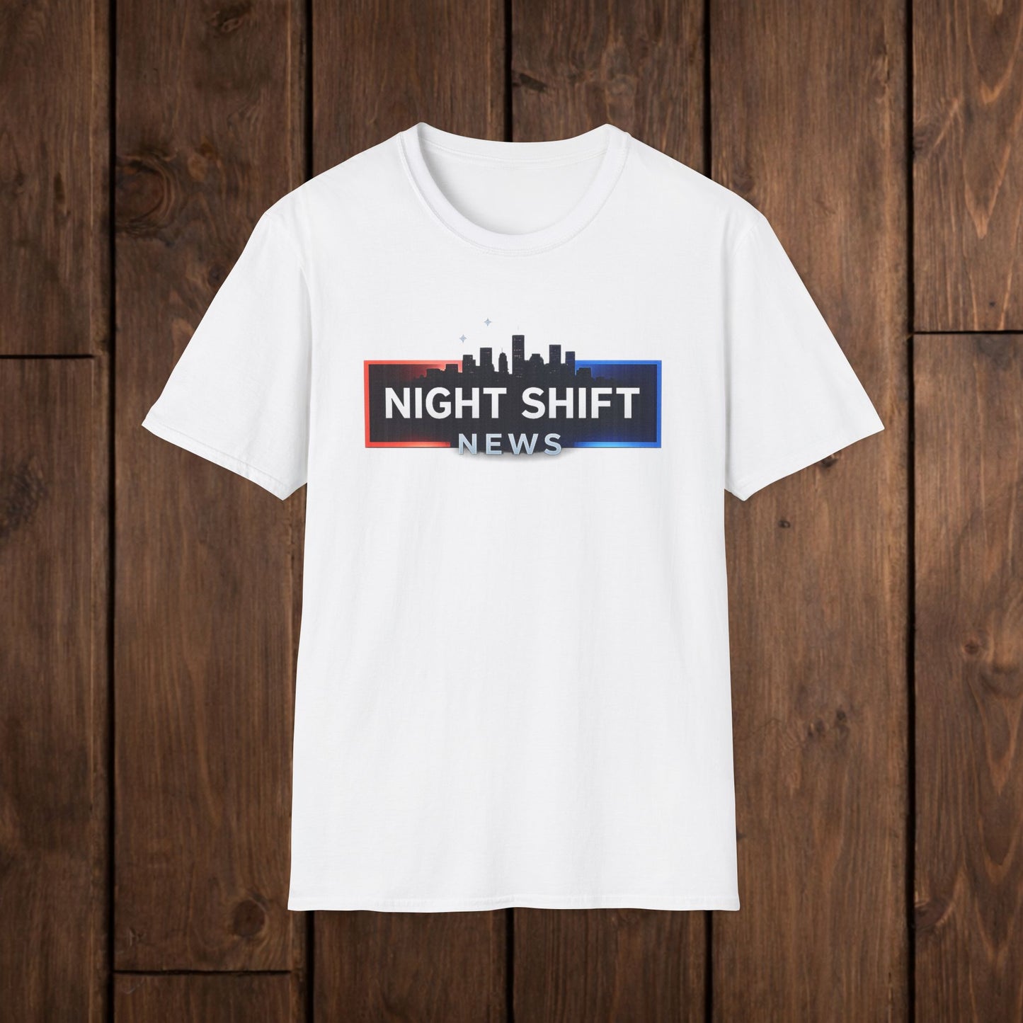 Night Shift News T-Shirt — Skyline Logo Tee for Late Shift Workers image 4